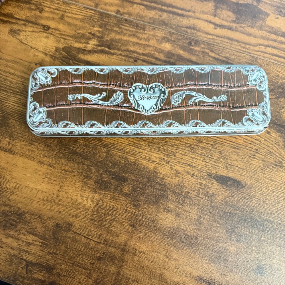 Brighton Brown Metal Watch Tin Jewelry Storage Case Heart Scrollwork